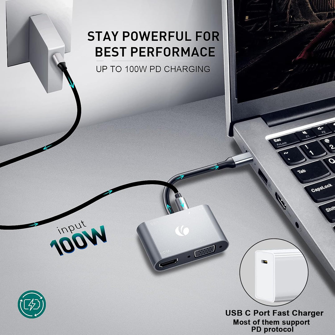 VCOM USB C zu HDMI VAG Adapter, 5-in-1 Typ C Hub mit 4K HDMI, 1080P VGA, 100W PD -Aufladung, USB 3.0