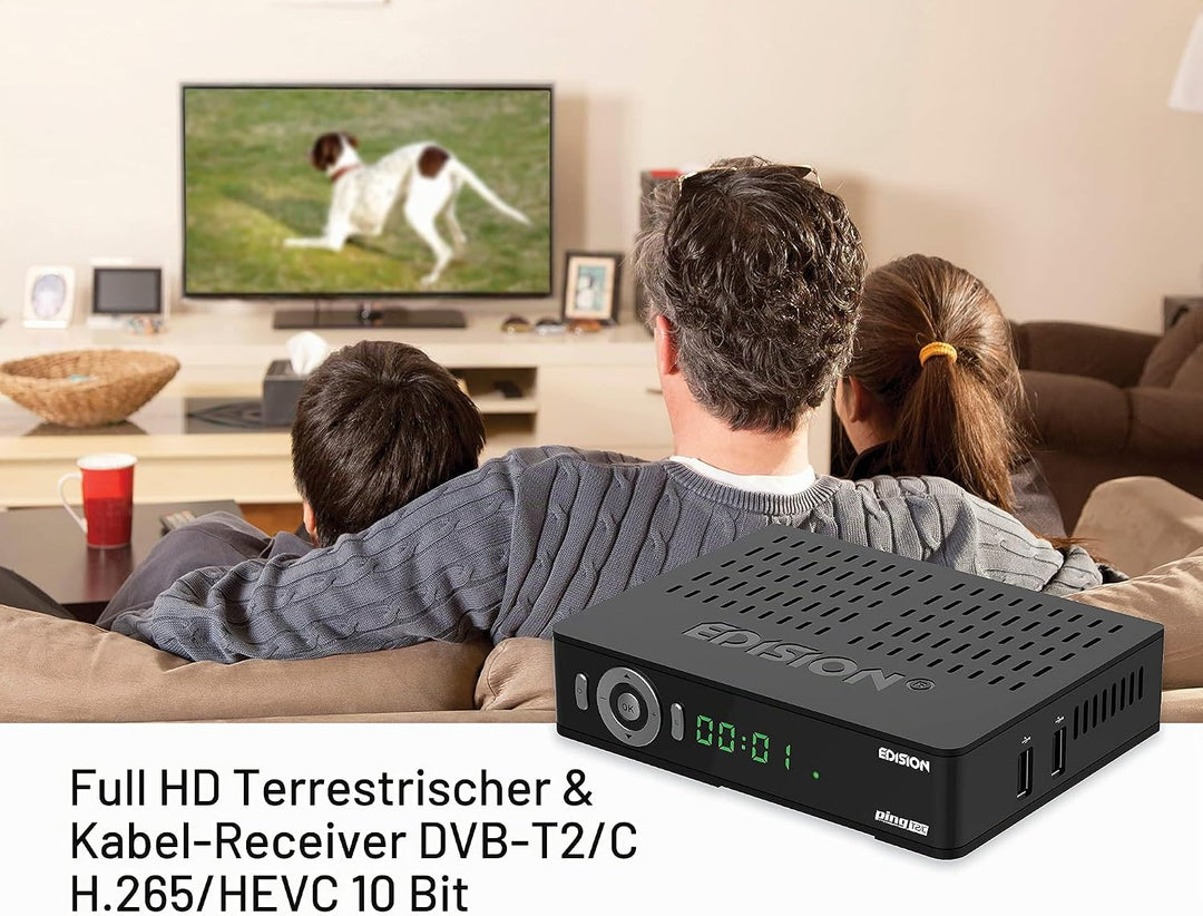 Edision PING T2 C Terrestrischer &amp; Kabel Receiver DVB-T2 C H.265 HEVC Kartenleser Full HD PVR, 2xUSB