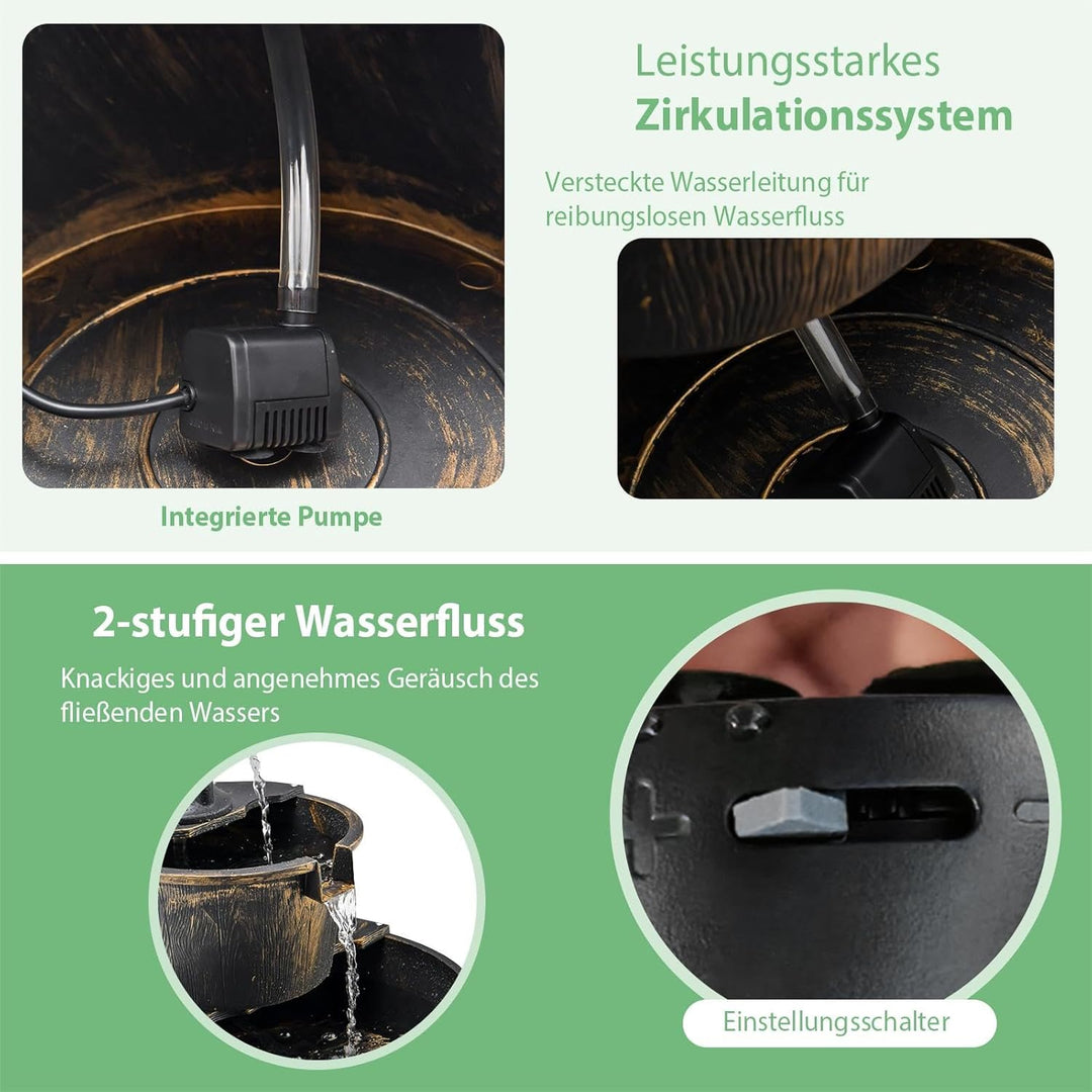 SOARS Gartenbrunnen 2-stufig, Springbrunnen mit Wasserpumpe & einstellbarem Wasserdurchfluss, Wasser