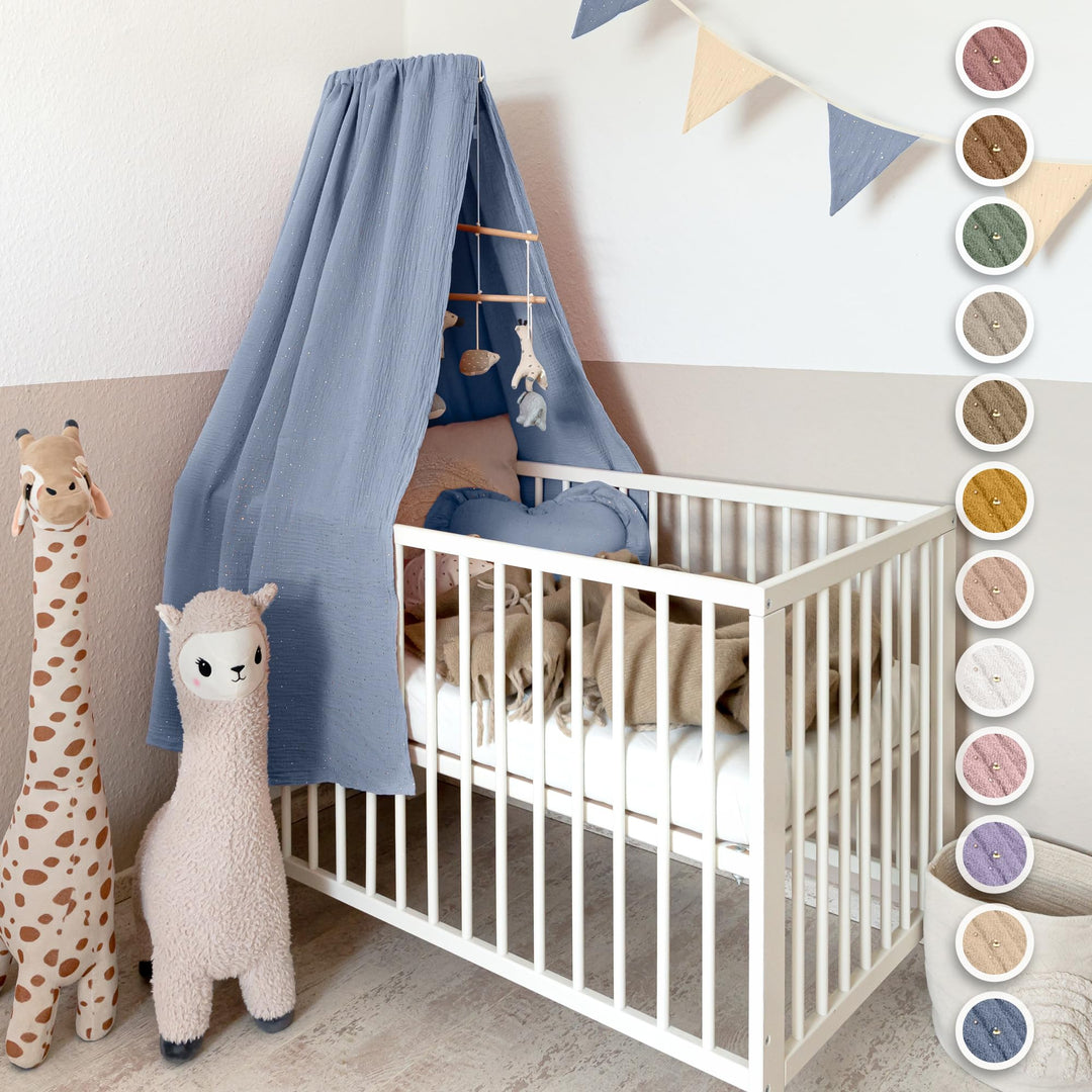 Betthimmel Babybett mit Goldapplikationen [in 12 Farben] Himmel Babybett aus 100% Baumwolle Musselin