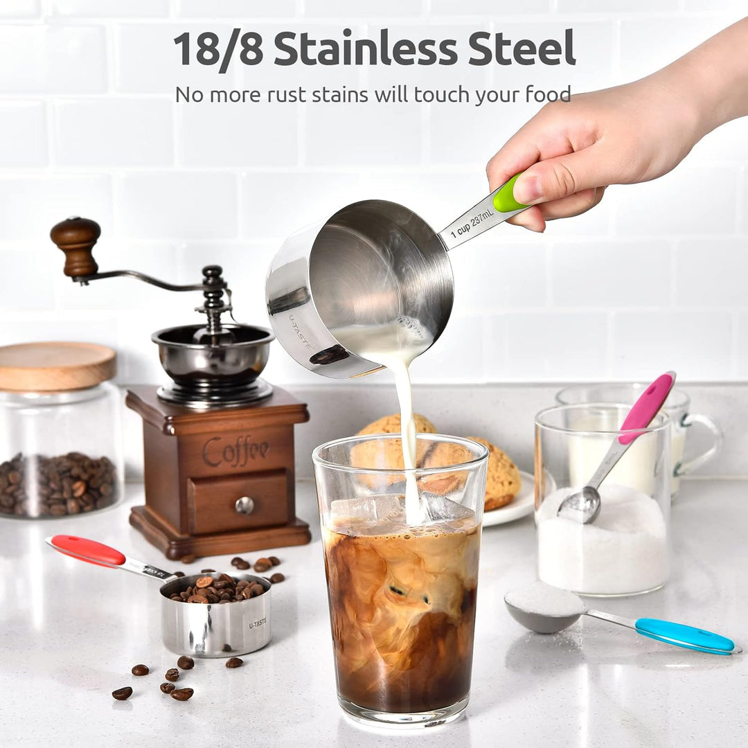 U-Taste 18/8 Edelstahl Messbecher und Messlöffel Set mit 12 Stück, Griff mit Verbesserter Dicke, Ame