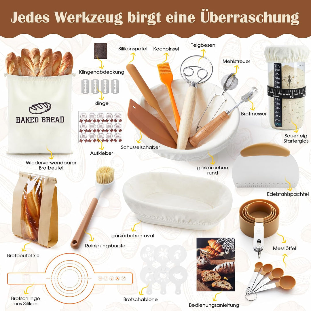 VIcus Sauerteig Starter Set, Gärkörbchen Rund & Oval, Brotbackzubehör Für Sauerteigbrot, Komplettes