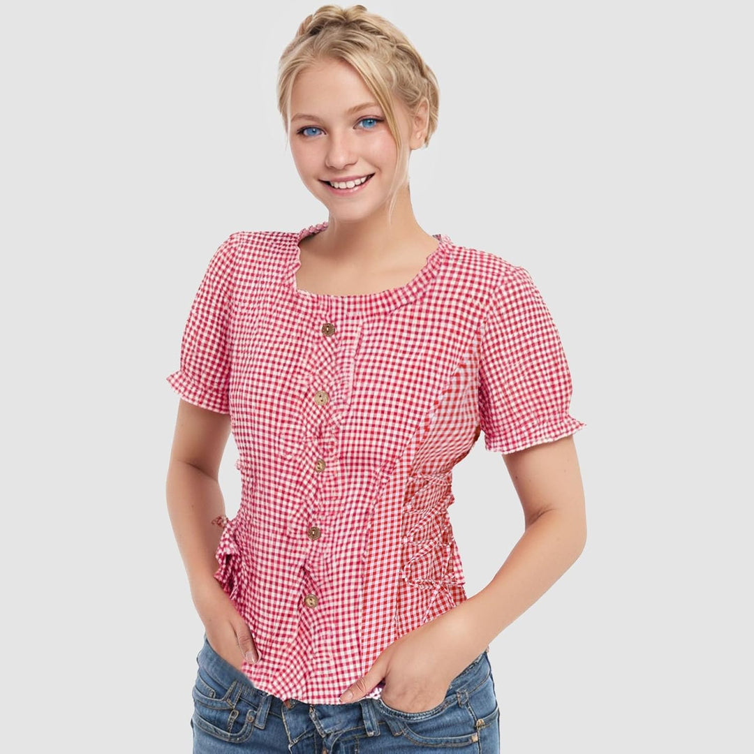 Trachtenbluse Damen Modern Karierte Bluse Oktoberfest Outfit Elegant Kurzarm Landhausmode Shirt Spit
