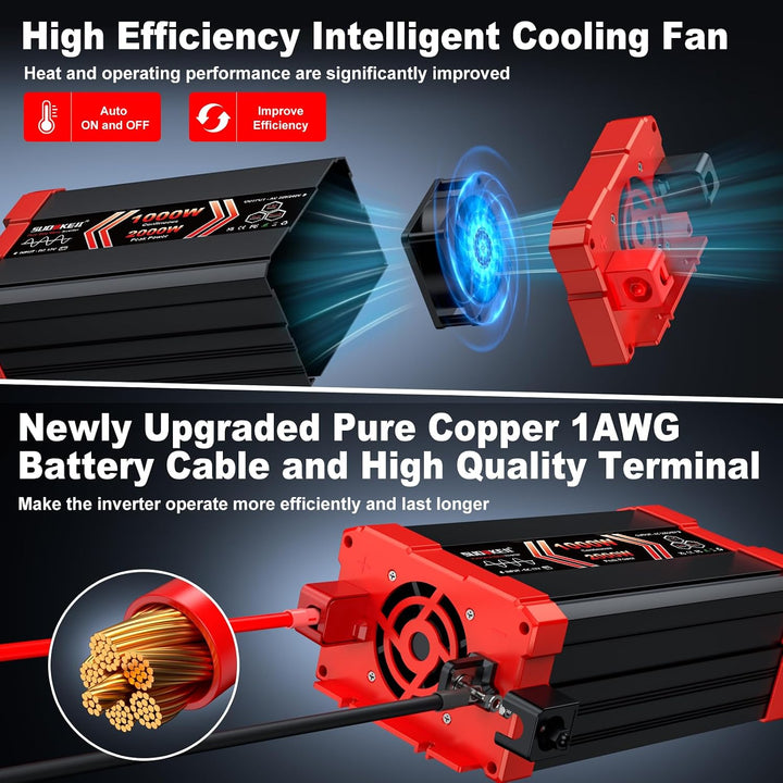SUDOKEJI 1000W/2000W Wechselrichter Reiner Sinus Spannungswandler 12V auf 230V EU-Steckdose mit LCD