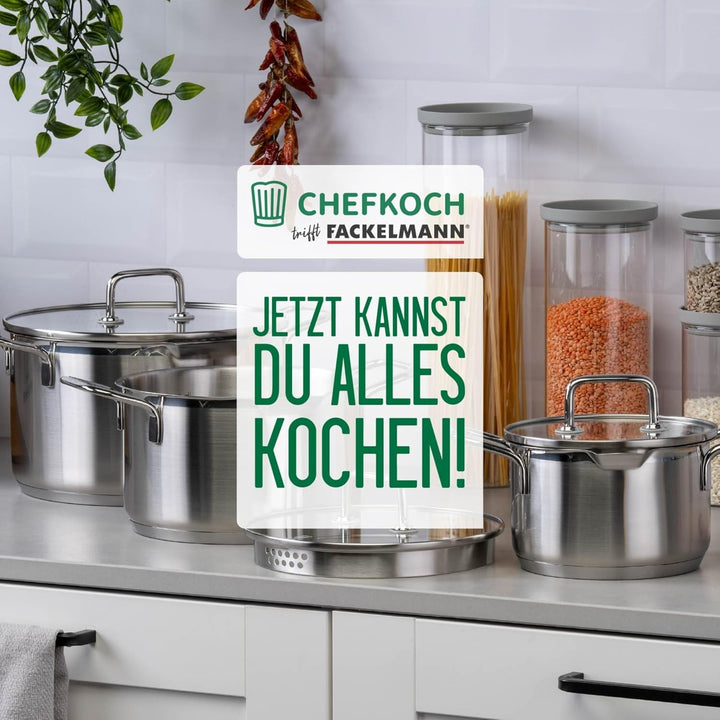 Chefkoch trifft Fackelmann Kochtopf-Set mit Glasdeckel Ø16, 20, 24cm – Aus Premium Edelstahl mit Alu