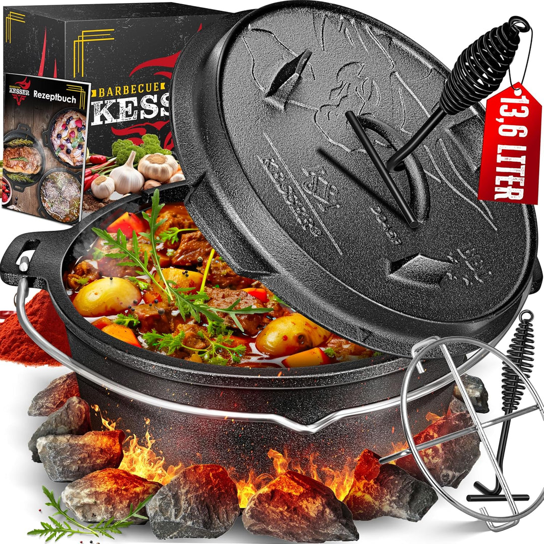 KESSER® Dutch Oven Set BBQ 12 Liter, Feuertopf Schmortopf mit Edelstahluntersetzer, Gusseisen Topf m
