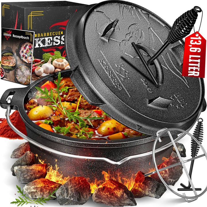 KESSER® Dutch Oven Set BBQ 12 Liter, Feuertopf Schmortopf mit Edelstahluntersetzer, Gusseisen Topf m