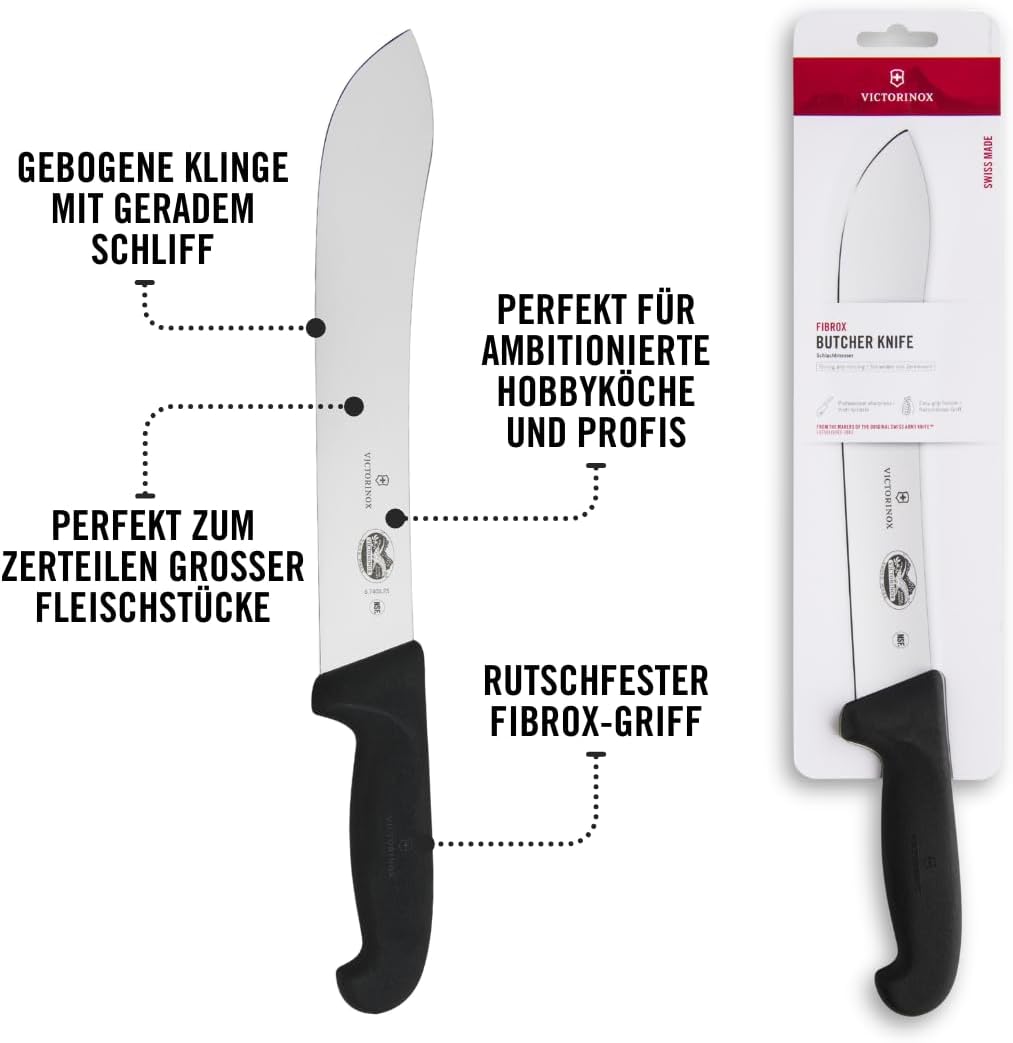Victorinox Fibrox Schlacht-/Bankmesser, Langes Fleischmesser zum Zerteilen grosser Fleischstücke, 25