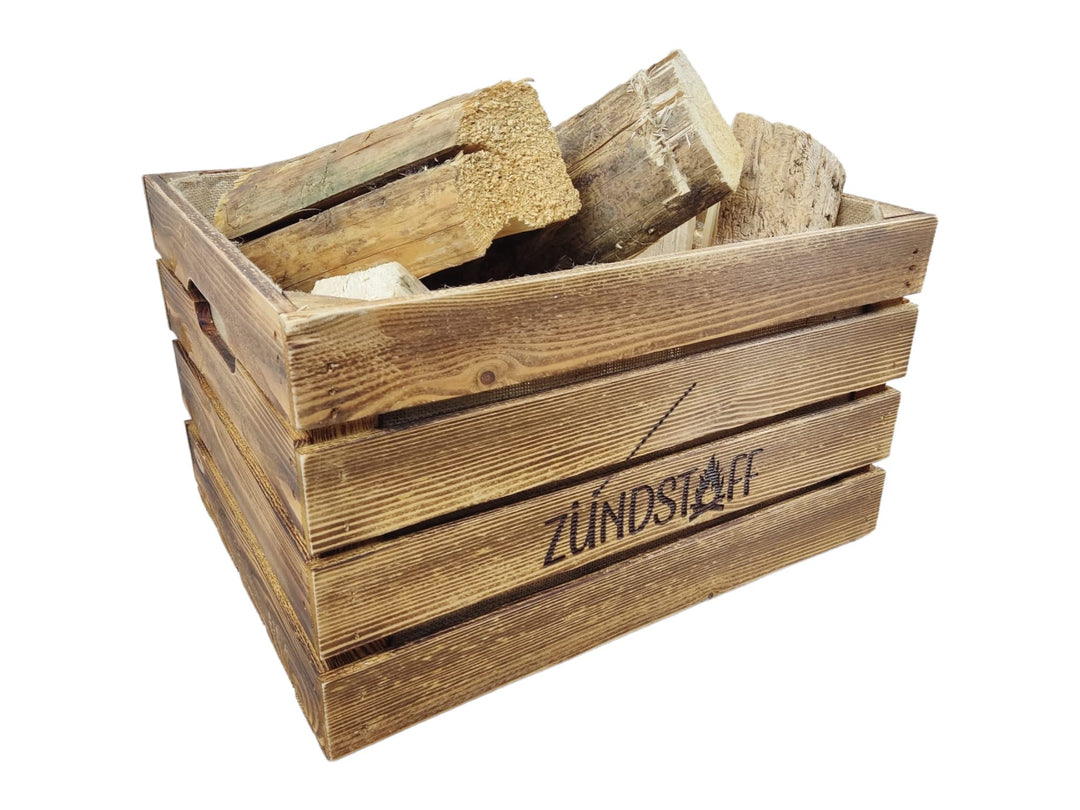 Rustikale KAMINHOLZKISTE mit Griffen"Zündstoff" Kaminholzkorb aus Holz Brennholzträger Vintage Kiste