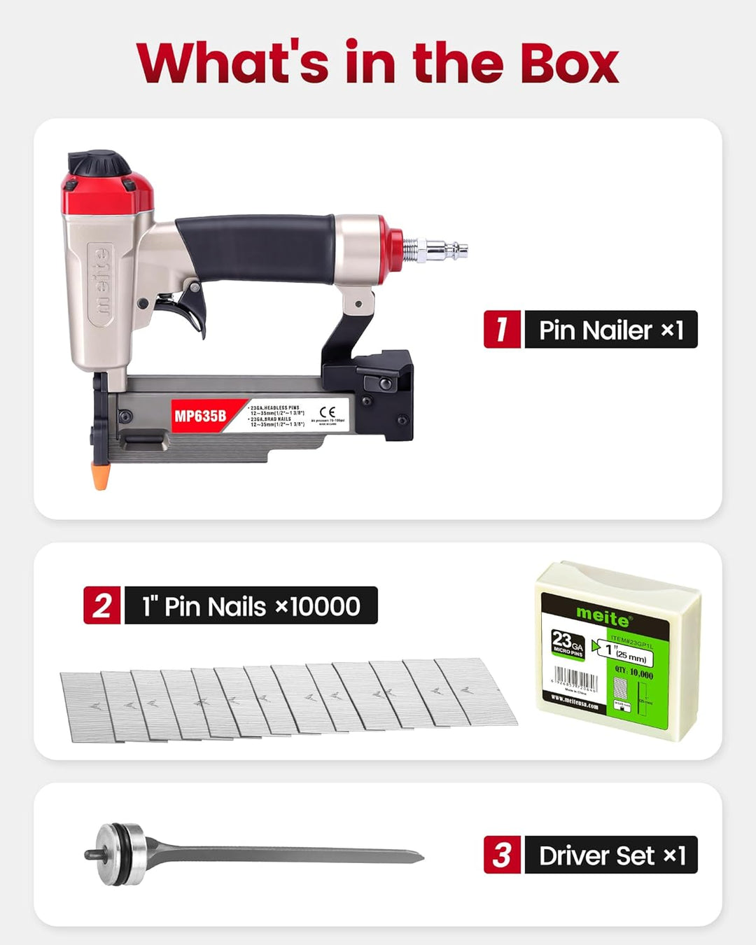 meite MP635B 23-Gauge Stiftnagler mit 10.000 Stück 25 mm Stiftnägel, kompakte pneumatische Pin-Nagle