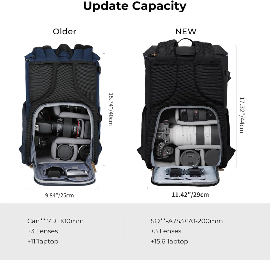K&F Concept Kamerarucksack Rolltop 20L Fotorucksack Wasserdicht Robuste Rucksack-Stofftaschen aus St
