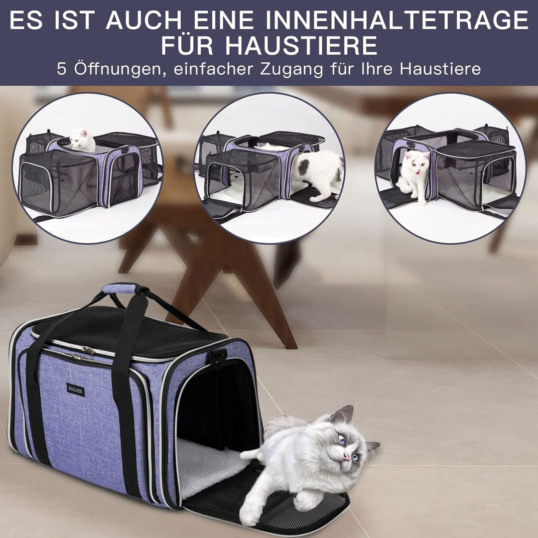 BAGLHER Erweiterbare Katzentrage mit Reise-Klo, Haustierreise, 5 Seiten offene Türen, 3 Seiten, ausl