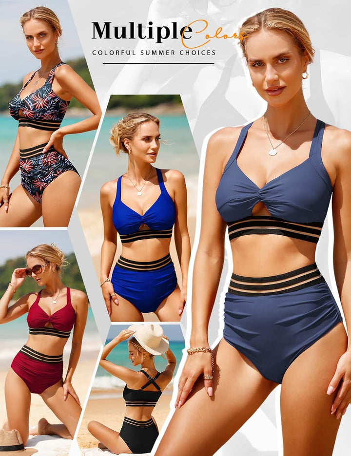 UMIPUBO Bikini Damen Bauchweg, High Waist Push Up Bikini Sets Zurück kreuzen Grosse Brüste Bademode