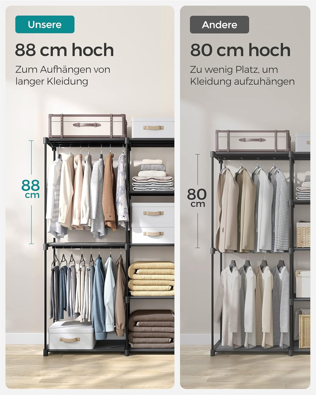 SONGMICS Kleiderschrank, Kleiderständer, freistehende Garderobe, mit Kleiderstangen, Garderobenständ
