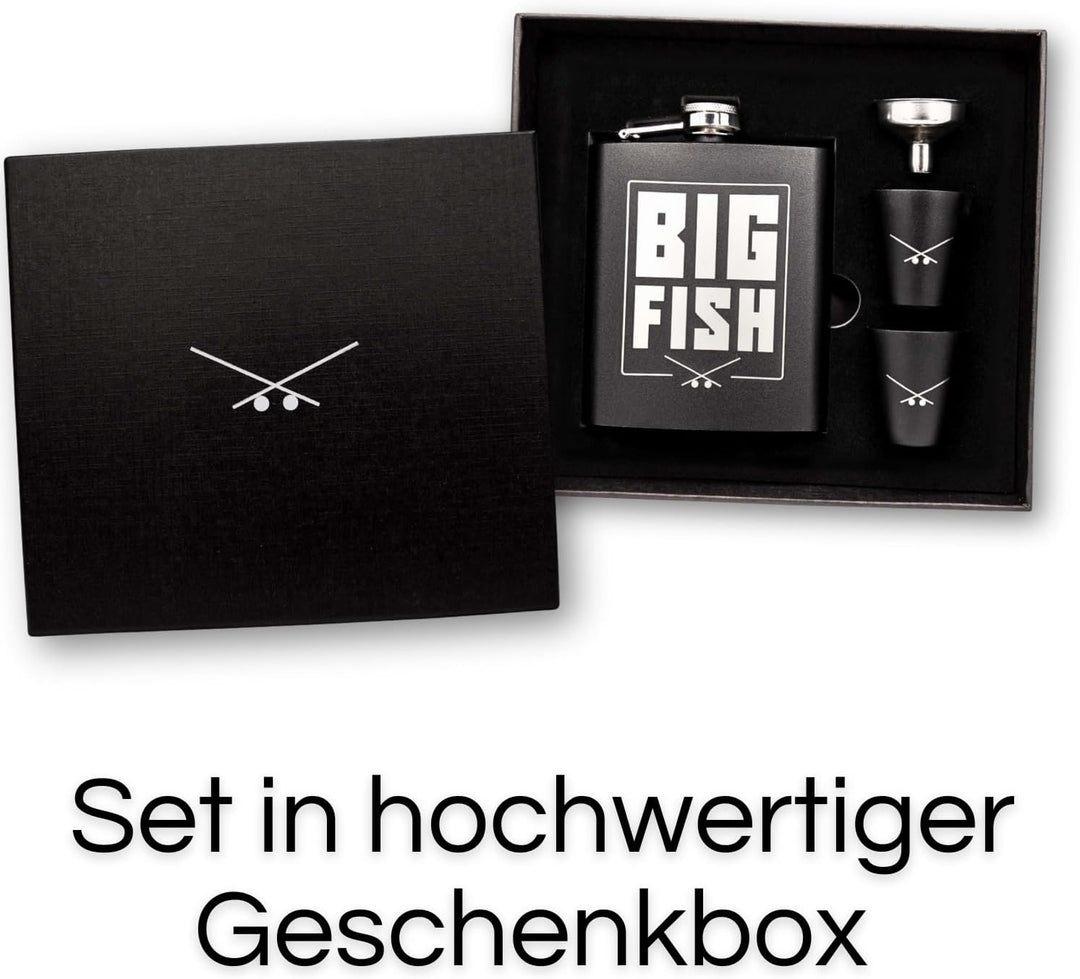 Monkey Lures Flachmann Edelstahl für Angler Set, mit Bechern, Angler Geschenk, Geschenk für Angler,