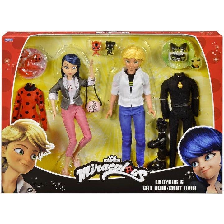 BANDAI – Miraculous – 2er-Pack Marinette und Adrien Puppen mit 2 Outfits (Ladybug & Cat Noir), Zubeh