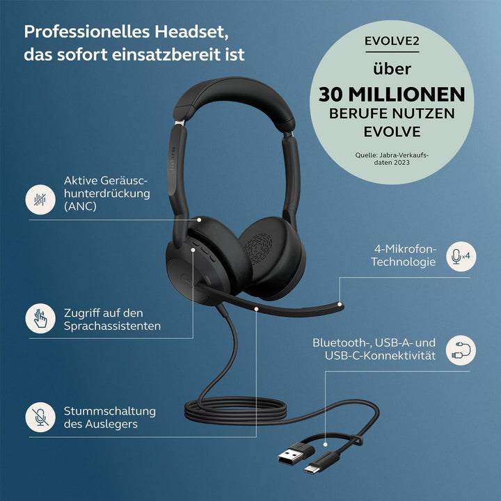 Jabra Evolve2 50 - USB-A/USB-C - schnurgebundenes Stereo Headset Zertifiziert für Microsoft Teams St