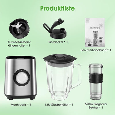 Standmixer, Smoothie Maker, 700W Blender, Mixer Smoothie Maker Combo 1,5L Glasbehälter mit 570ml Rei