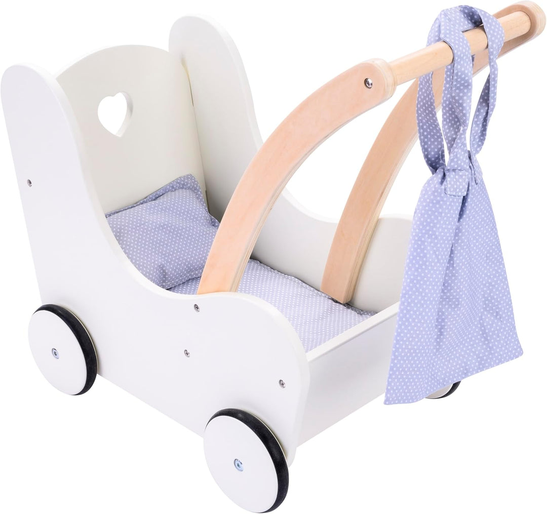Engelhart – 606014 – Eleganter Puppenwagen aus Holz – Grau und Weiss – Masse: 50 x 28 x 46 cm – Ab 3