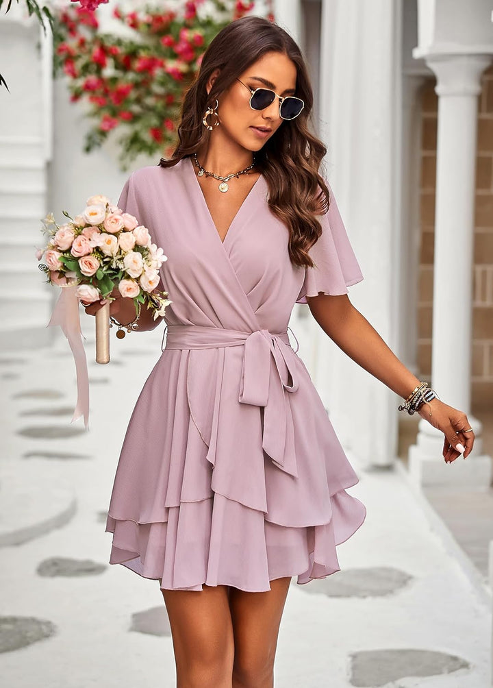 Jiraewh Damen Chiffon Kurz Kleid V-Ausschnitt Kurzarm Sommerkleid Tunika Kleider Einfarbig Elegant R