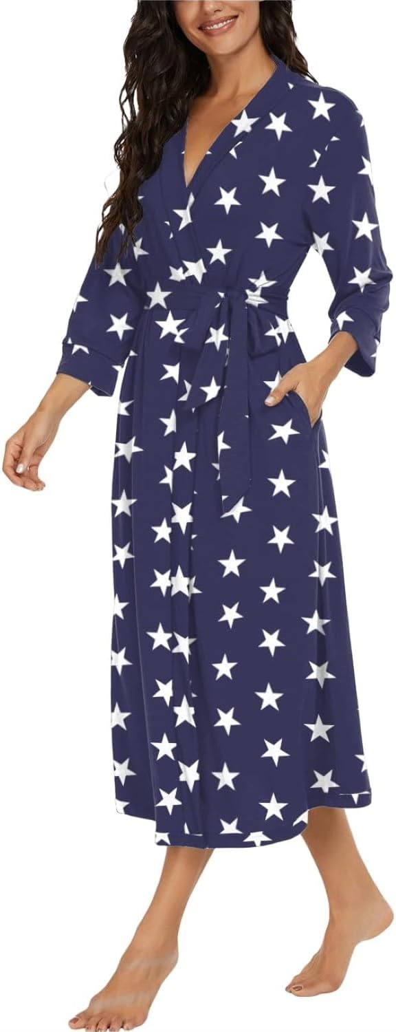 PrinStory Damen Bademantel Leichter 3/4 Ärmeln Morgenmantel V-Ausschnitt Kimono Roben Langes Nachtwä