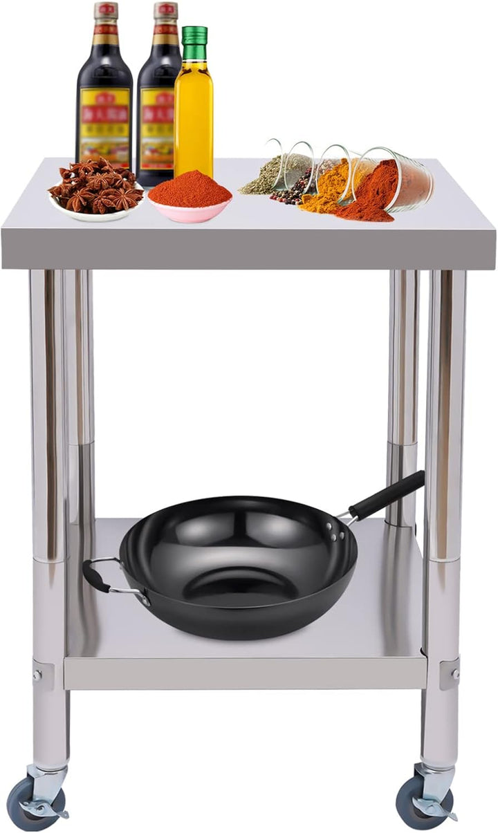 C-Juzarl Edelstahl Arbeitstisch 60 * 60 * 85cm Silbertisch mit Rollen, Küchentisch mit Ablage für di
