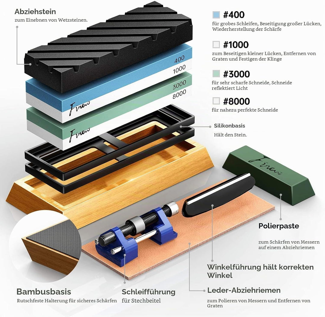 Schleifstein Set, Finew Prämie Wetzstein Doppelseitig 400/1000 3000/8000 Grit, Abziehstein für Messe