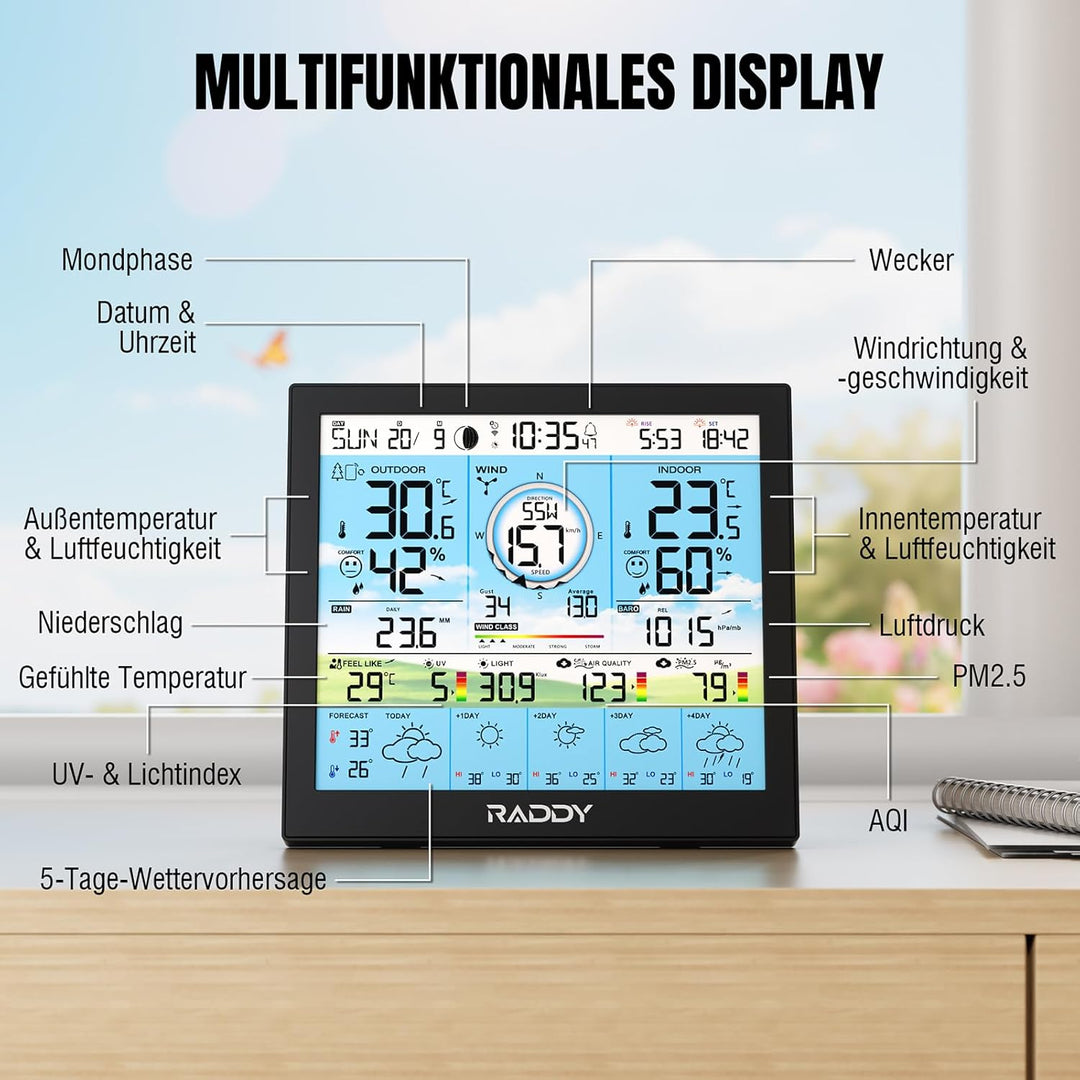 Raddy WF-120P WLAN Wetterstation mit App-Steuerung, 10” HTN Farbdisplay, Innen-/Aussentemperatur & L
