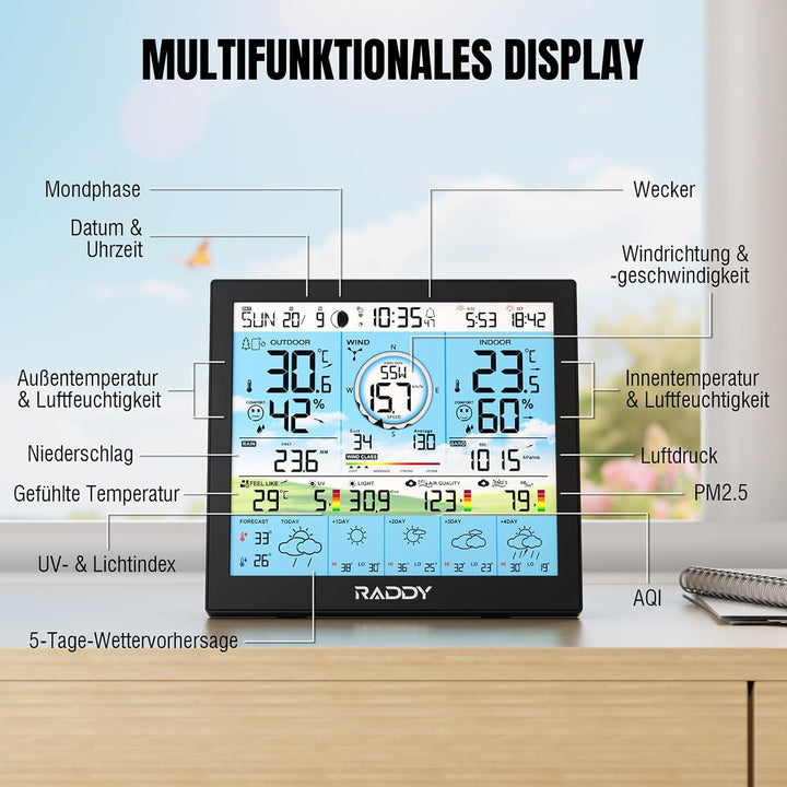 Raddy WF-120P WLAN Wetterstation mit App-Steuerung, 10” HTN Farbdisplay, Innen-/Aussentemperatur & L