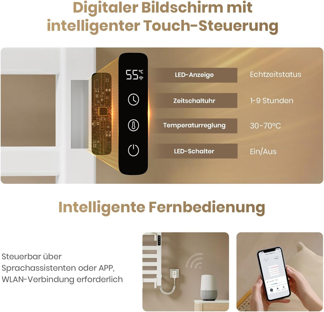 EMKE Elektrischer Badheizkörper 100x50 cm, 280W Handtuchwärmer mit WLAN-App-Steuerung, Kohlefaser Ha