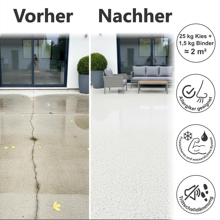 25Kg Steinteppich Set Marmorkies Bodenbeschichtung Bianco Carrara Weiss 1-4mm - 2qm Korngrösse 1-4mm