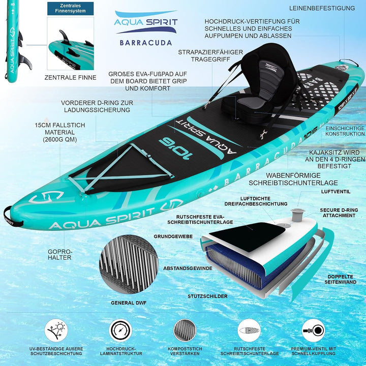 Aqua Spirit Sup Board mit Sitz | Kajak Aufblasbar Barracuda Stand Up Paddling Board 320x81x15cm Für