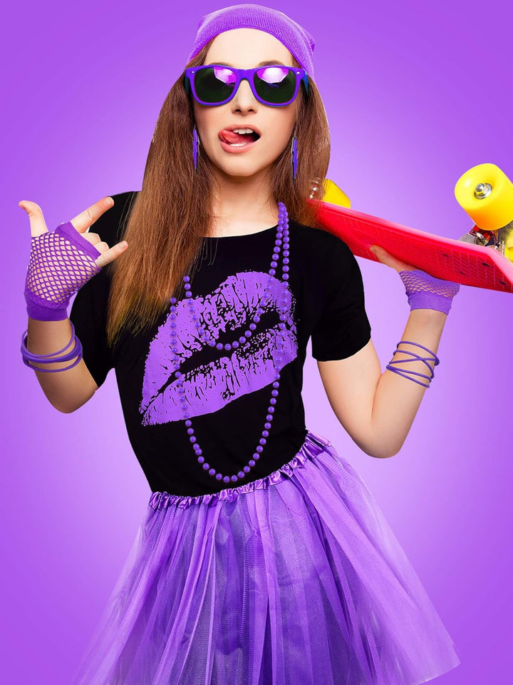 80 Jahre Kostüm Zubehör Set, T-Shirt Tutu Stirnband Ohrring Halskette Beinlinge XS Violett, XS Viole