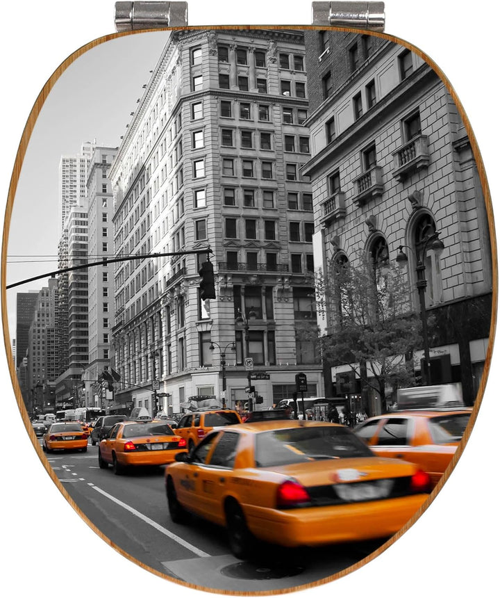 banjado® Design WC Sitz Bambus Absenkautomatik mit Motiv Taxi NY/Toilettendeckel mit Absenkautomatik