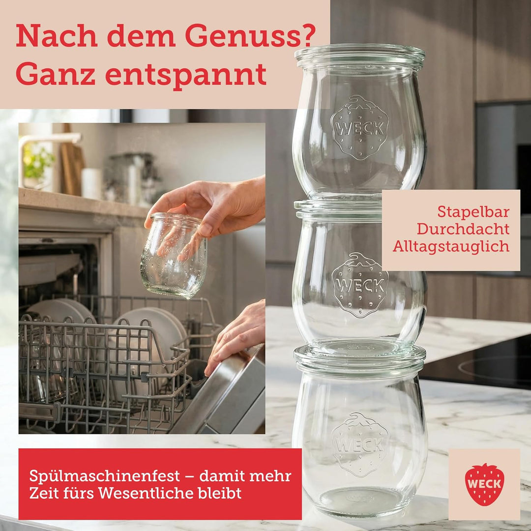 Weck Gläser 200ml – 12er Set mit Deckeln – Tulpenform – robuste, stapelbare Dessertgläser, Einkoch-