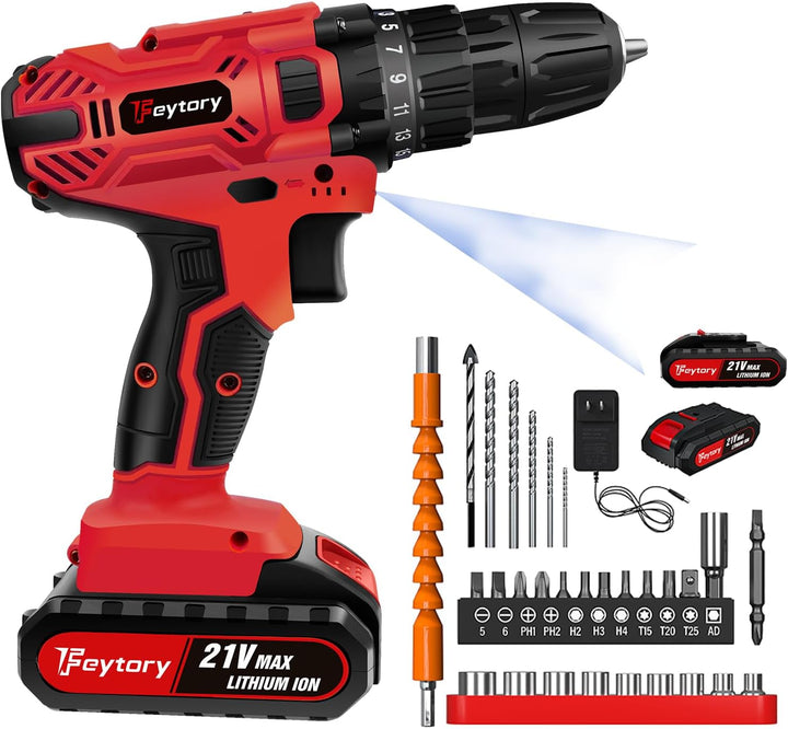 VickyHome Akkuschrauber 21V Bohrmaschine, Akku Bohrmaschine Akkubohrer Mit 2x1500mAh Akkus, 45Nm Akk