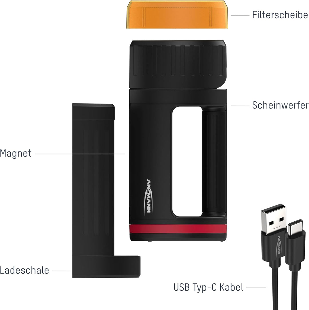 ANSMANN LED Handscheinwerfer Akku mit 10400mAh, automatische Notbeleuchtung bei Stromausfall, bis zu