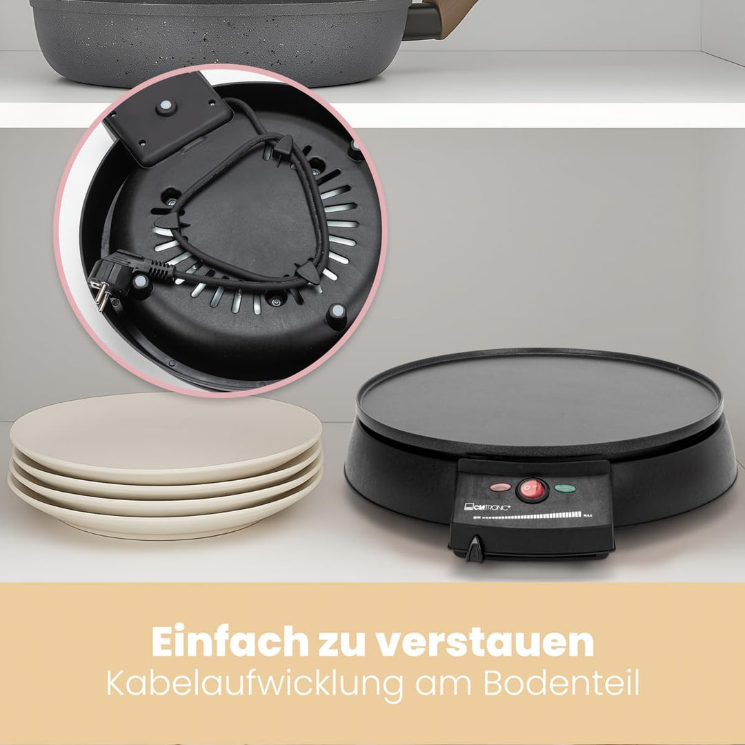 Clatronic CM 3372 Crepe-Maker, antihaft-beschichtete Platte: Ø 29 cm, Set inkl. Teigverteiler, Crepe