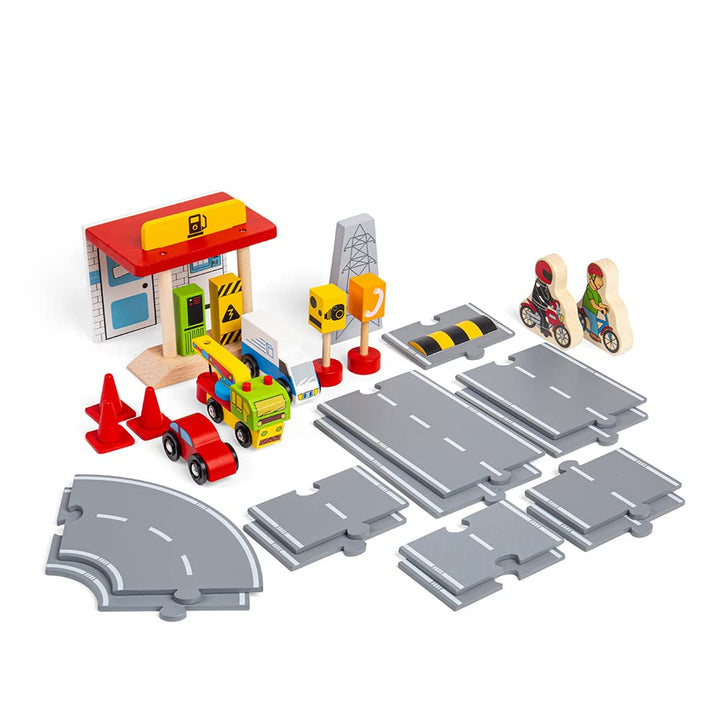 Bigjigs Rail Roadway Car Accessory Pack - 25 Piece Wooden Car Track Accessories with Vehicles, Road