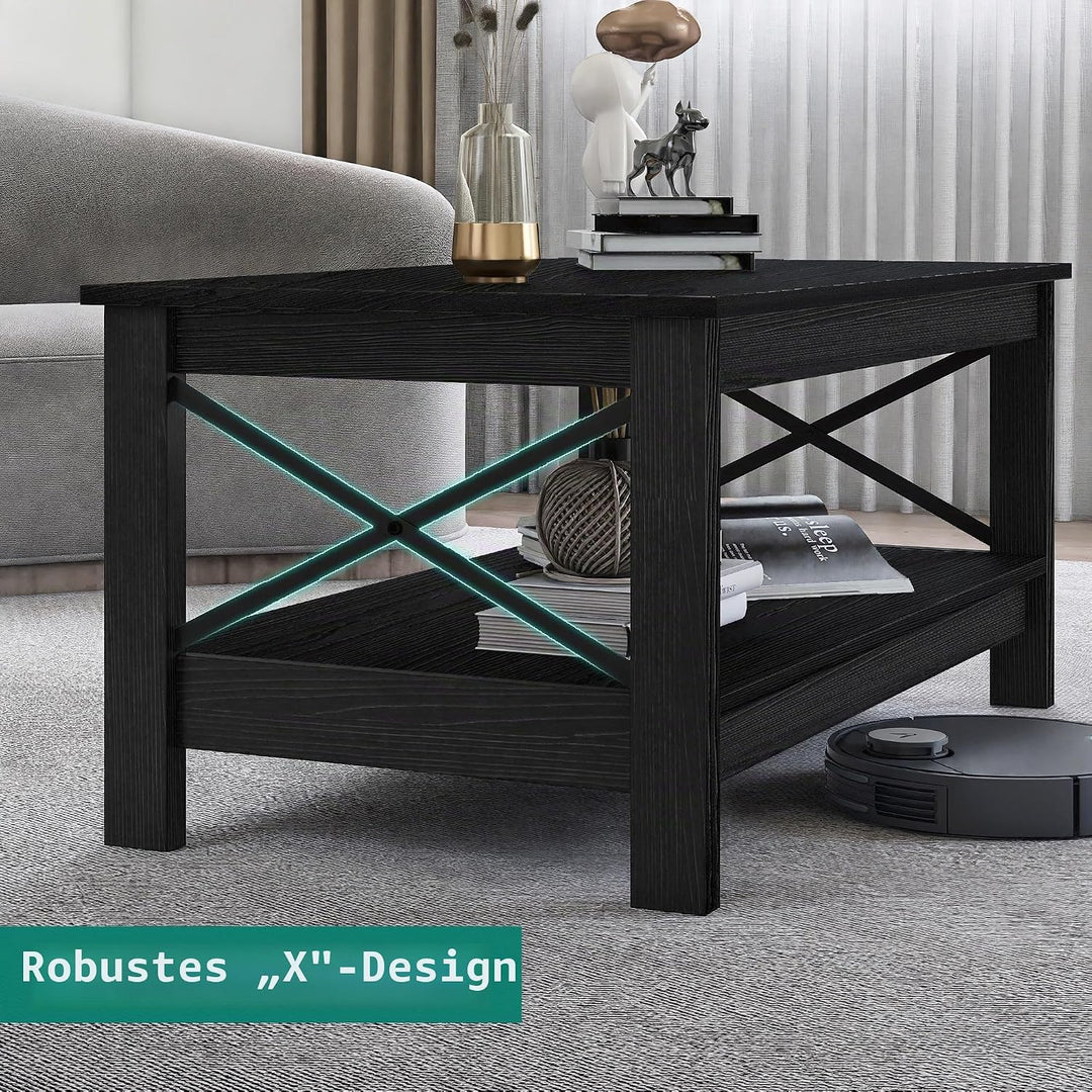 YITAHOME Couchtisch, Wohnzimmertisch, 2-stöckiger Dicker Holz Rechteckiger Couchtisch, X-Form Metal