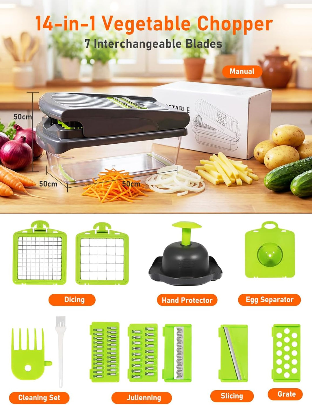14-in-1 Gemüseschneider, Gemüsehobel mit 7 Einsätzen & Aufbewahrungsbox, Multifunktionaler Vegetable