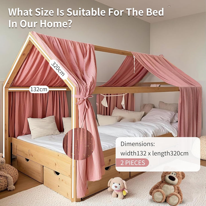 Hausbett Himmel mit Gold Applikation 2 Stück, handgefertigt aus 100% Baumwoll-Musselin, Stoffhimmel