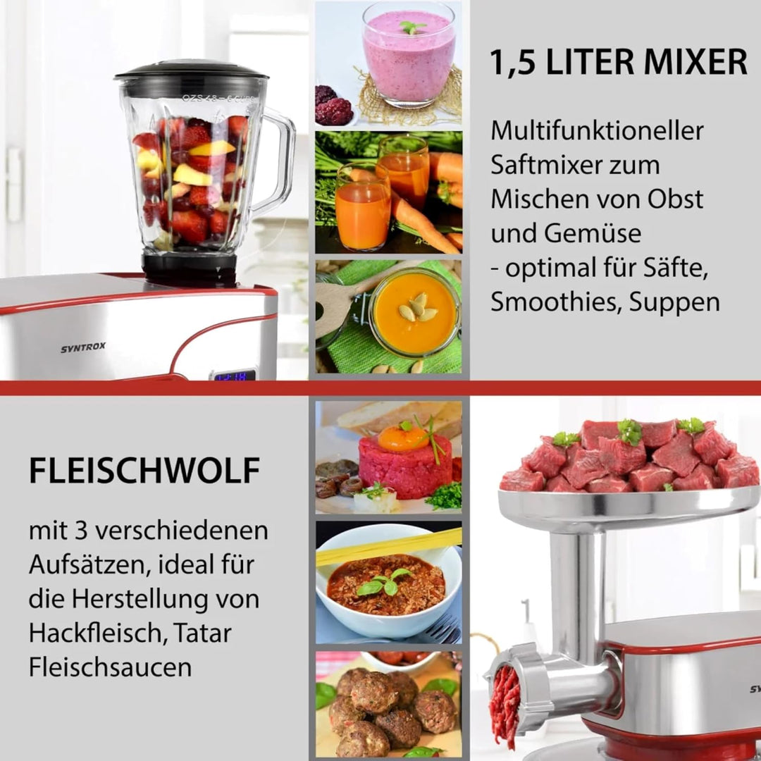 Syntrox Germany Küchenmaschine Snofru Edelstahl 12 Liter Küchengerät & Fleischwolf, Multi-Funktions-