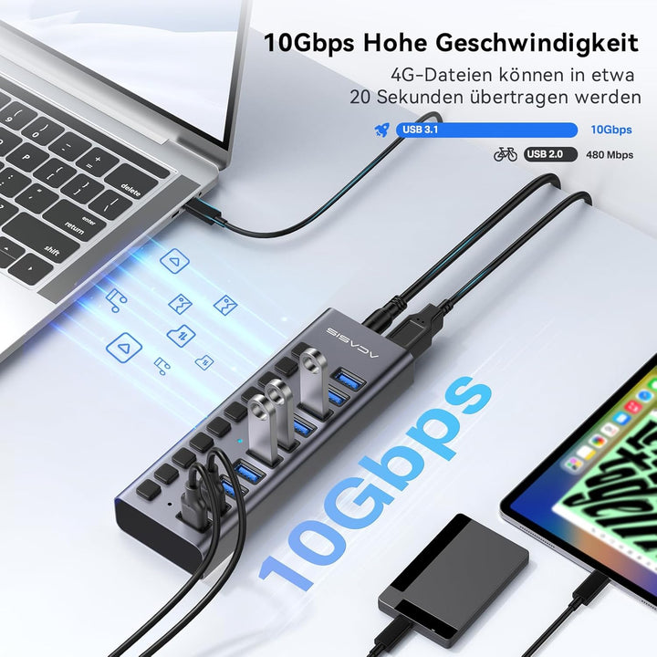 ACASIS Powered USB Hub,10 Ports USB 3.1 Hub mit 10Gbps Data Speed, Individuellen On/Off Schalter, 12
