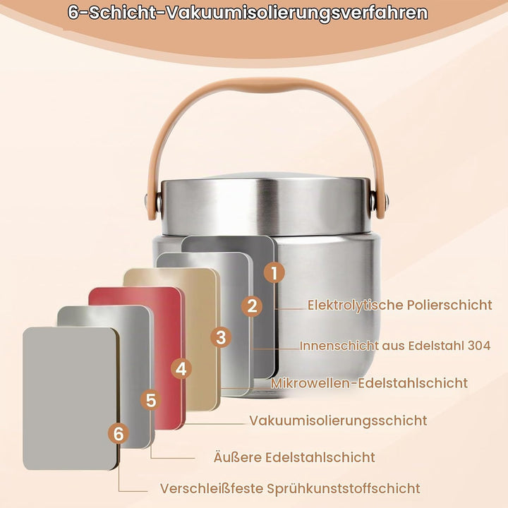 Thermobehälter für Essen 1200ml, Essensbehälter, Silber, Silber