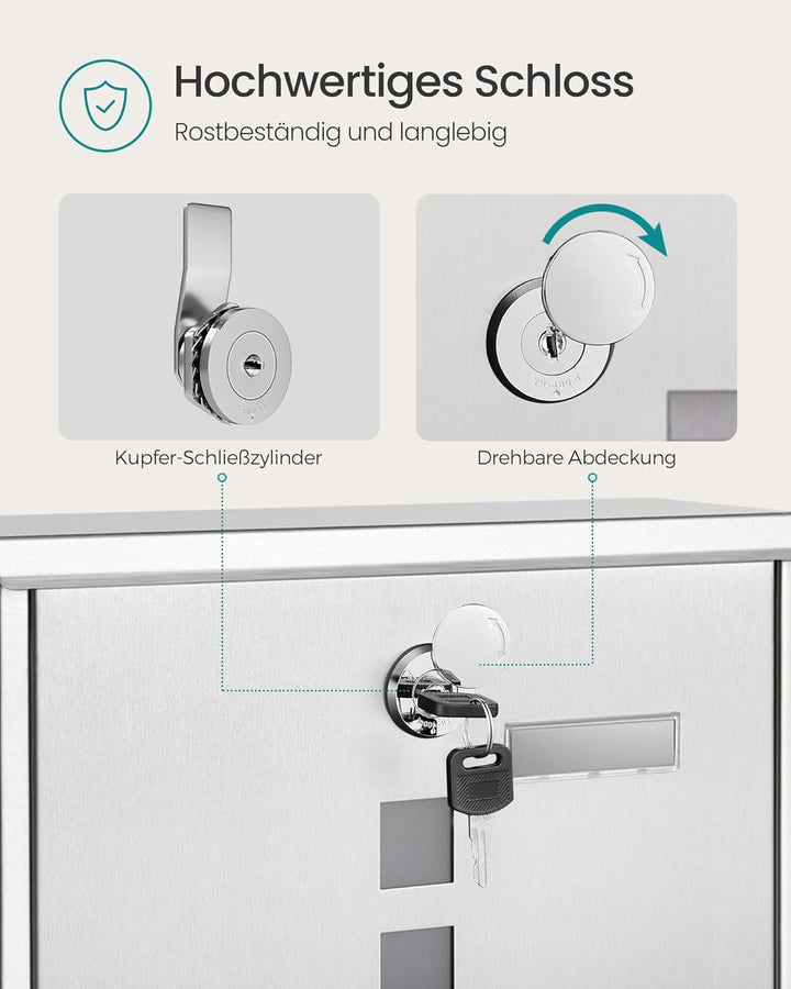 SONGMICS XXL Briefkasten, Edelstahl mit Zeitungsfach, Schloss mit Kupfer-Schliesszylinder und drehba