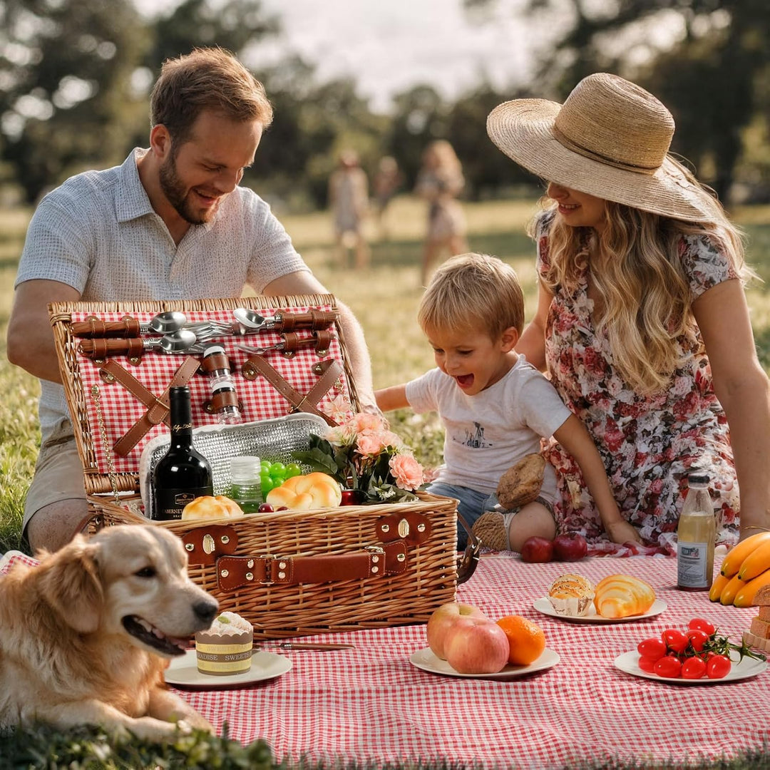 Wicker Picknickkorb Set für 4 Person mit Kühlfach und wasserdichte Picknickdecke, Abnehmbarer Riemen
