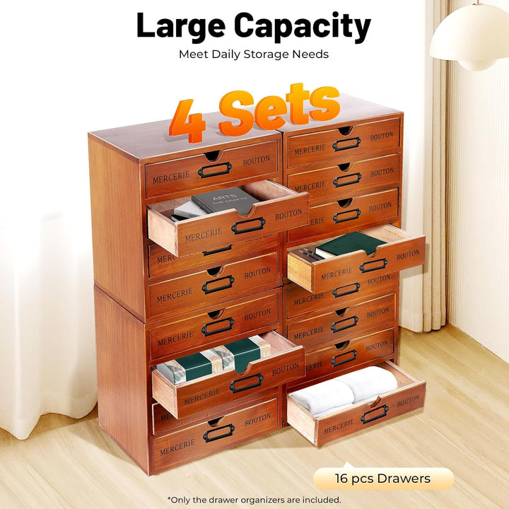 Schreibtisch-Organizer aus Holz 4Pcs 4 Regal 16 Schublade File Organizer Retro Aufbewahrungsbox Holz