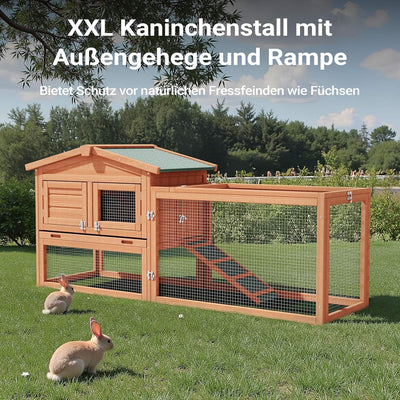 Wiltec XXL Hasenstall 1560 x 520 x 680 mm mit Freilaufgehege und erhöhtem Unterschlupf aus Fichtenho