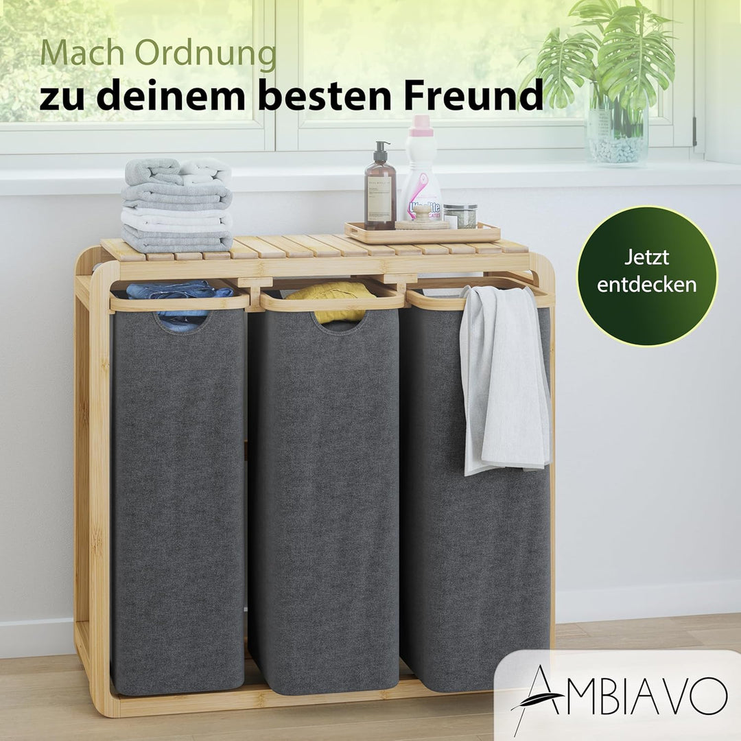 Wäschekorb 3 Fächer grau · Wäschesammler mit Ablage · Bambus | Warme Holz-Optik, schmal, riesiges Vo